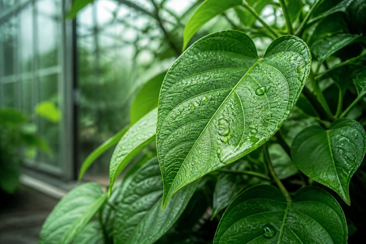 Illustrative botanical leaves with water droplets
