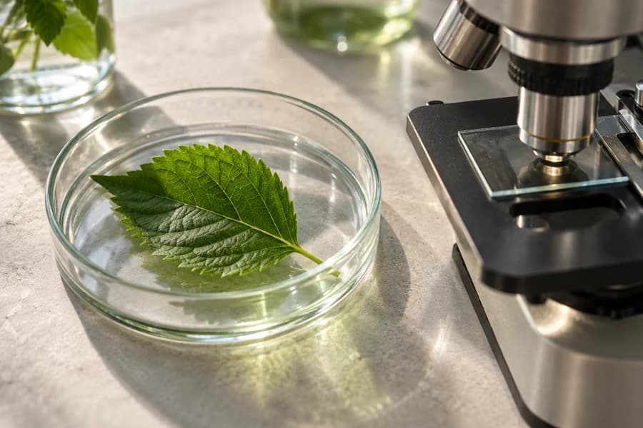 Illustrative botanical specimen beside a microscope