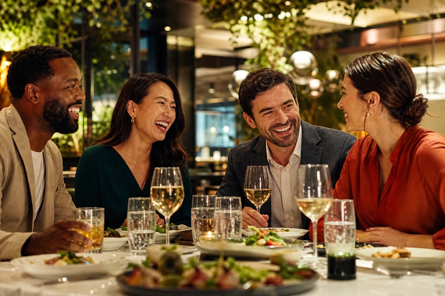 Friends sharing dinner and conversation in a warm restaurant