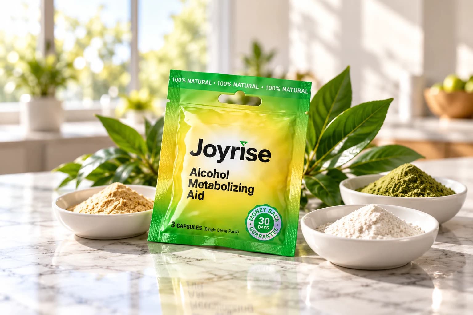 Joyrise capsule packet among green leaves and ingredient powders in porcelain bowls on marble