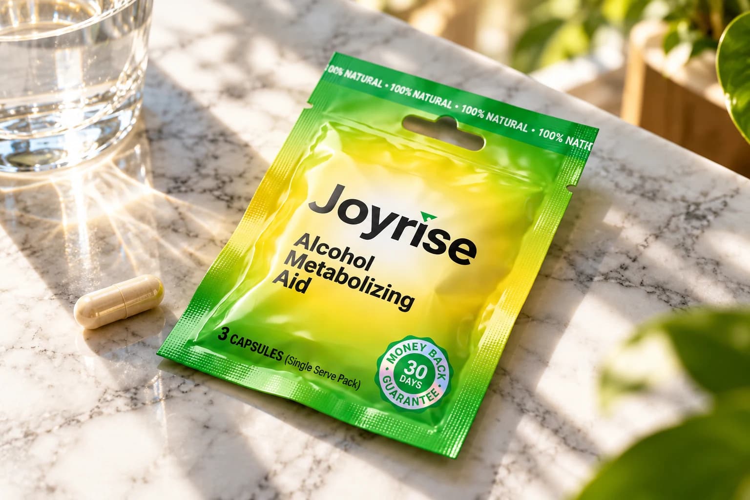 Joyrise three-capsule packet photographed on a sunlit kitchen counter