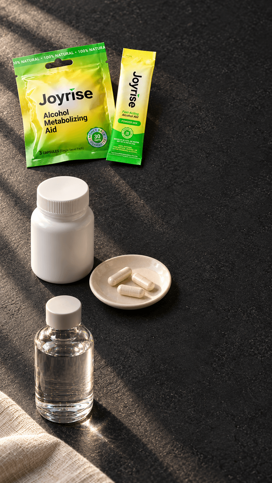 Generated scene of Joyrise capsule packets and a powder stick beside neutral capsule and ready-to-drink format objects. Competitor objects illustrate formats, not actual packaging.
