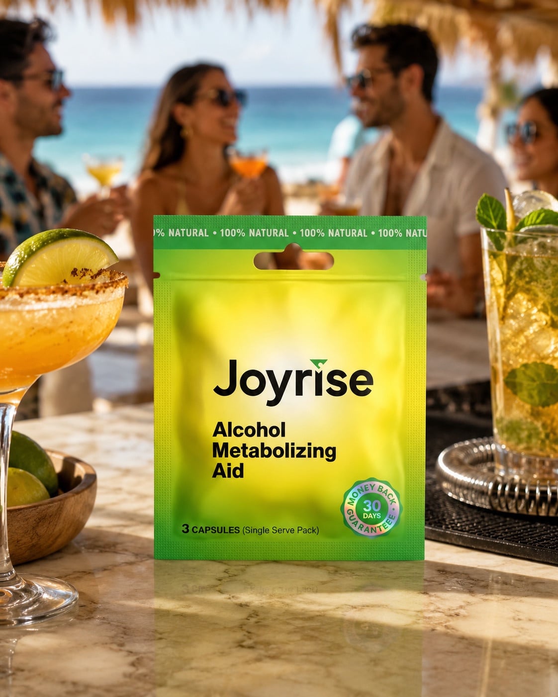 Joyrise capsule packet on a beach bar counter, with adult friends and the ocean in the background