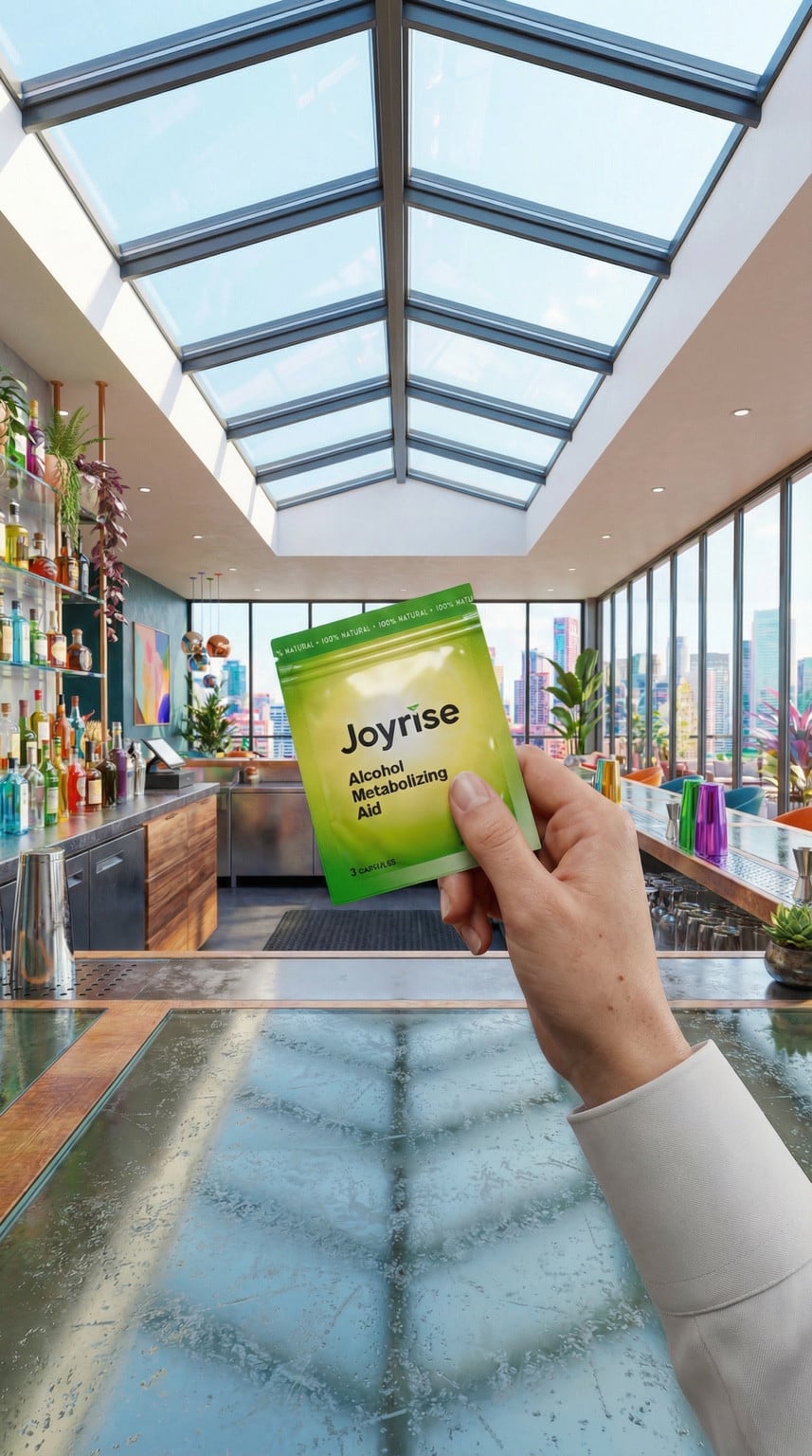 A hand holding a Joyrise capsule packet in a rooftop bar beneath a glass roof