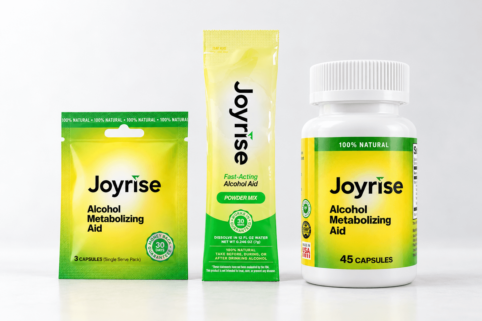 Approved Joyrise capsule packet, powder stick and capsule bottle lineup