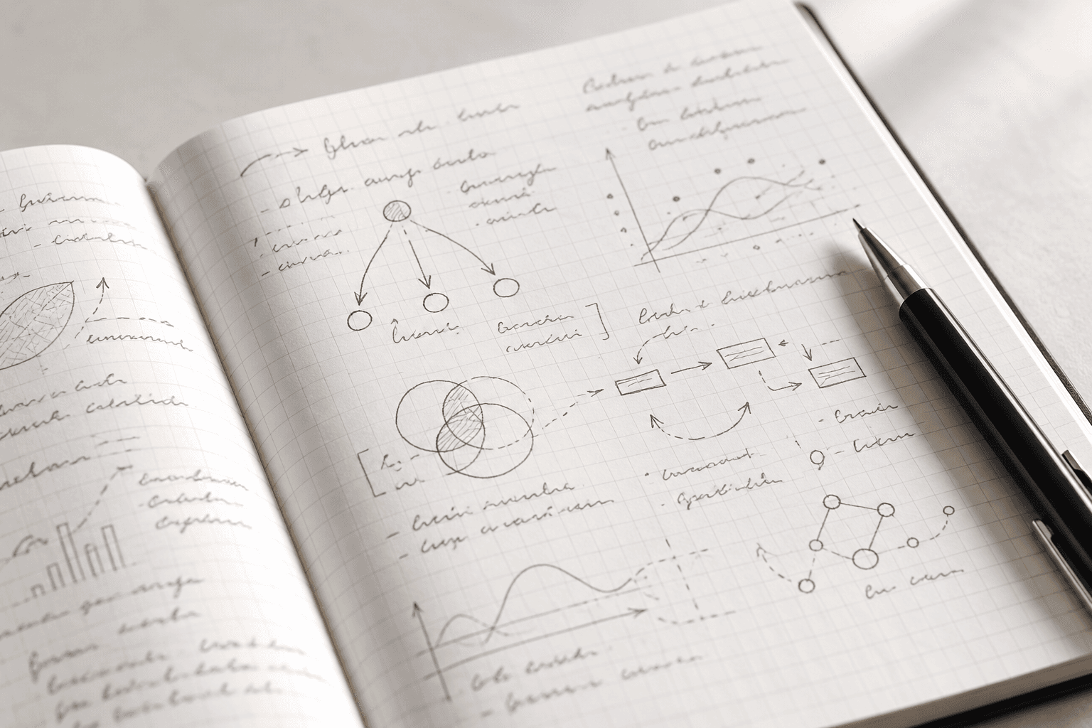 Illustrative research notebook and pen