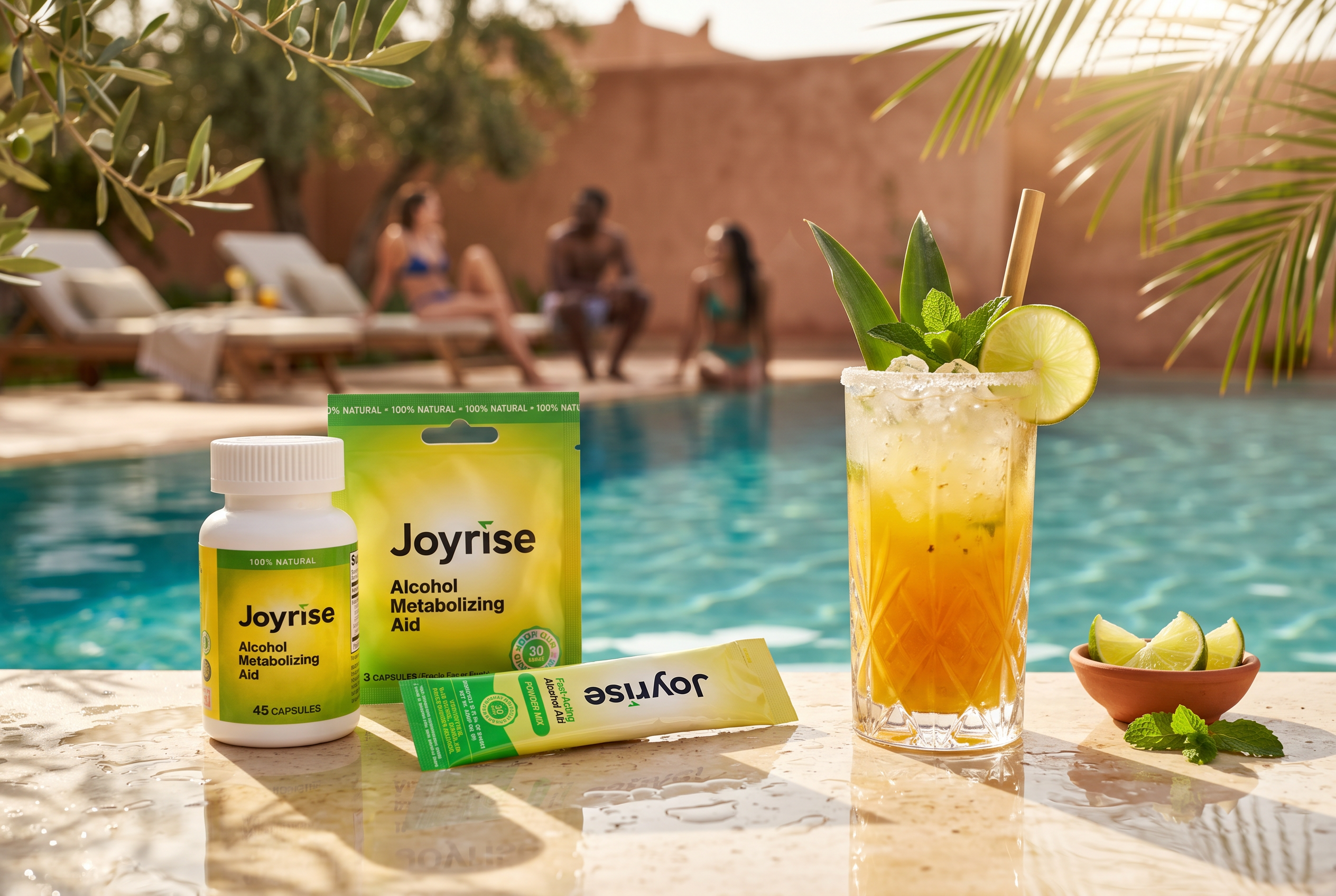 Joyrise summer poolside — capsule bottle, single-serve packet, and powder stick pack on a sunlit pool deck with friends enjoying cocktails