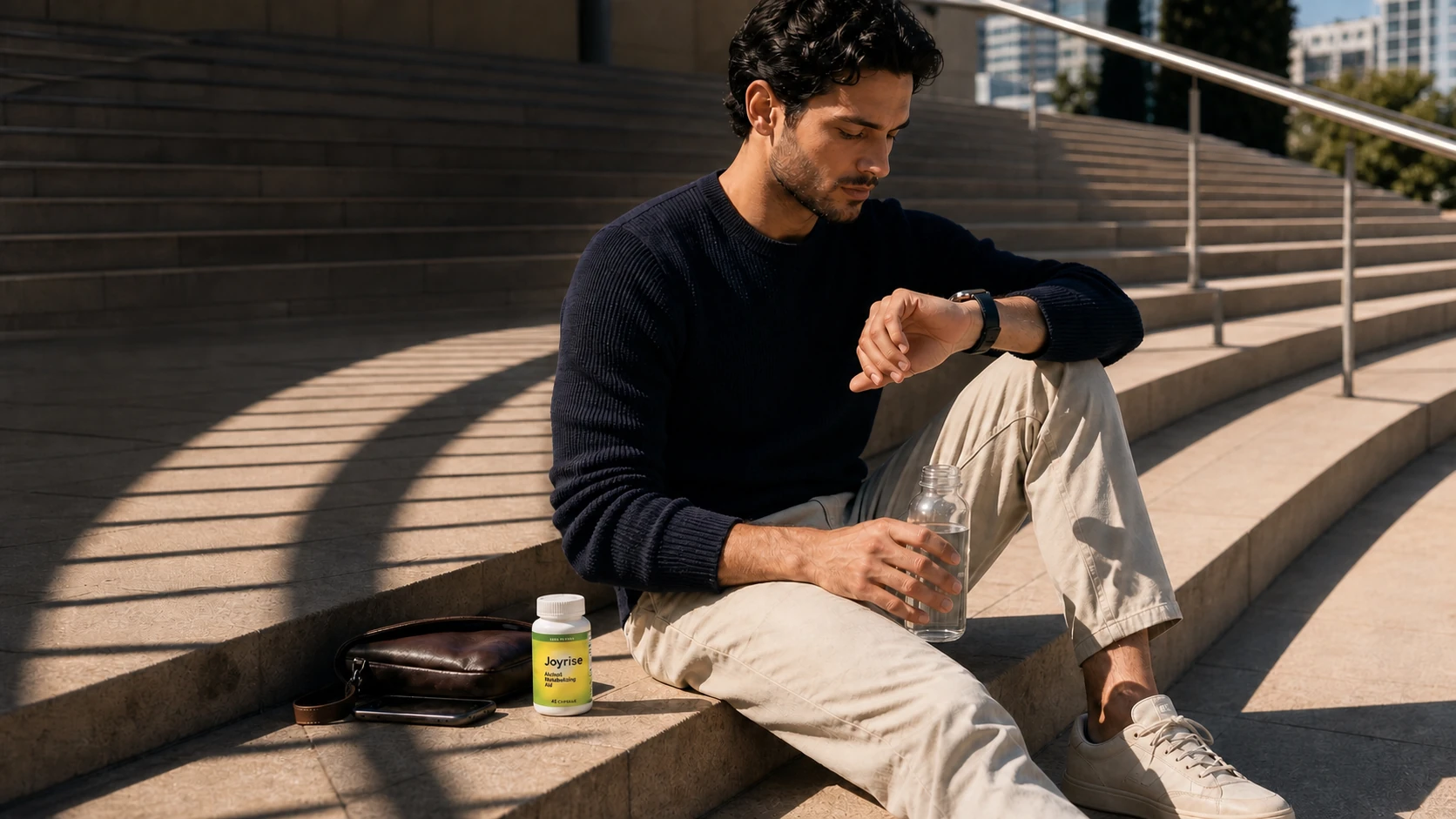 A man checking his watch with water and Joyrise beside him on sunlit city steps