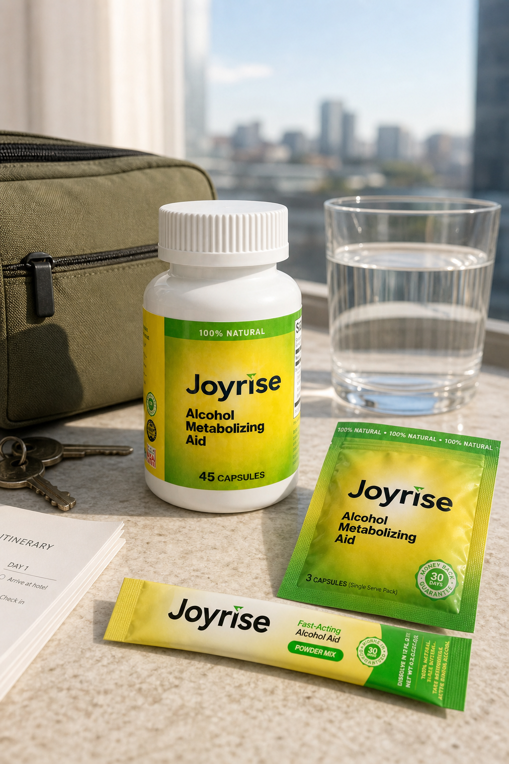 Joyrise bottle, packet, powder stick, water, and travel essentials