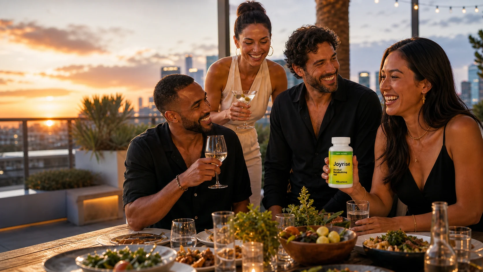 Friends sharing dinner on a rooftop at sunset while one guest holds a Joyrise bottle beside a glass of water