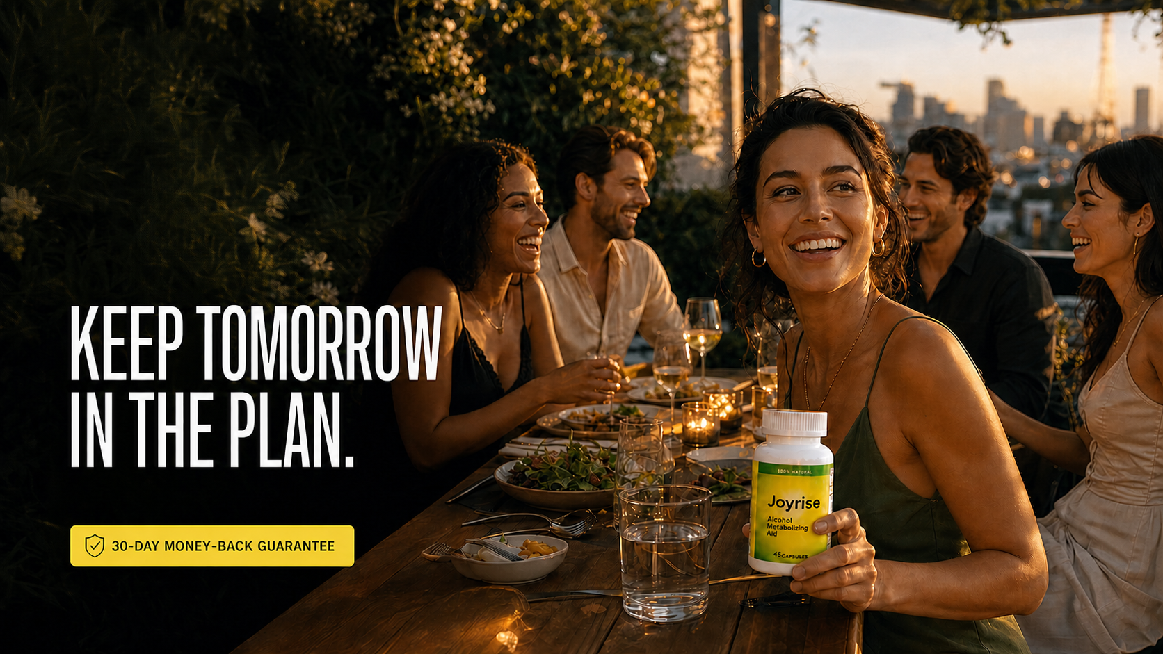Joyrise campaign featuring friends at a rooftop dinner with the ridged-cap capsule bottle