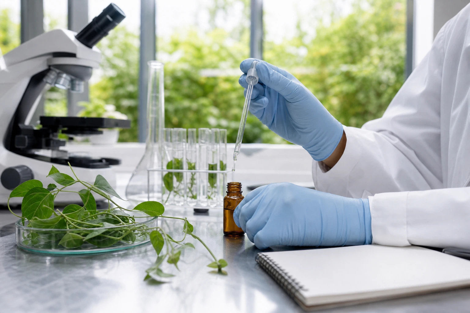 Vine tea research with a microscope, pipette, and documented laboratory setup