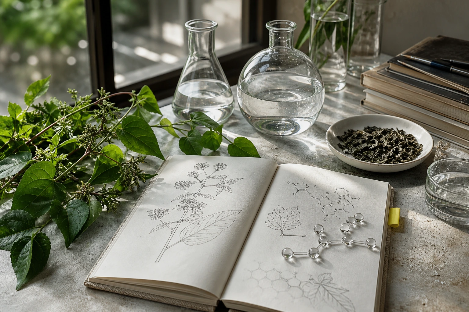 Vine tea leaves, clear glassware, and a botanical research notebook in natural daylight
