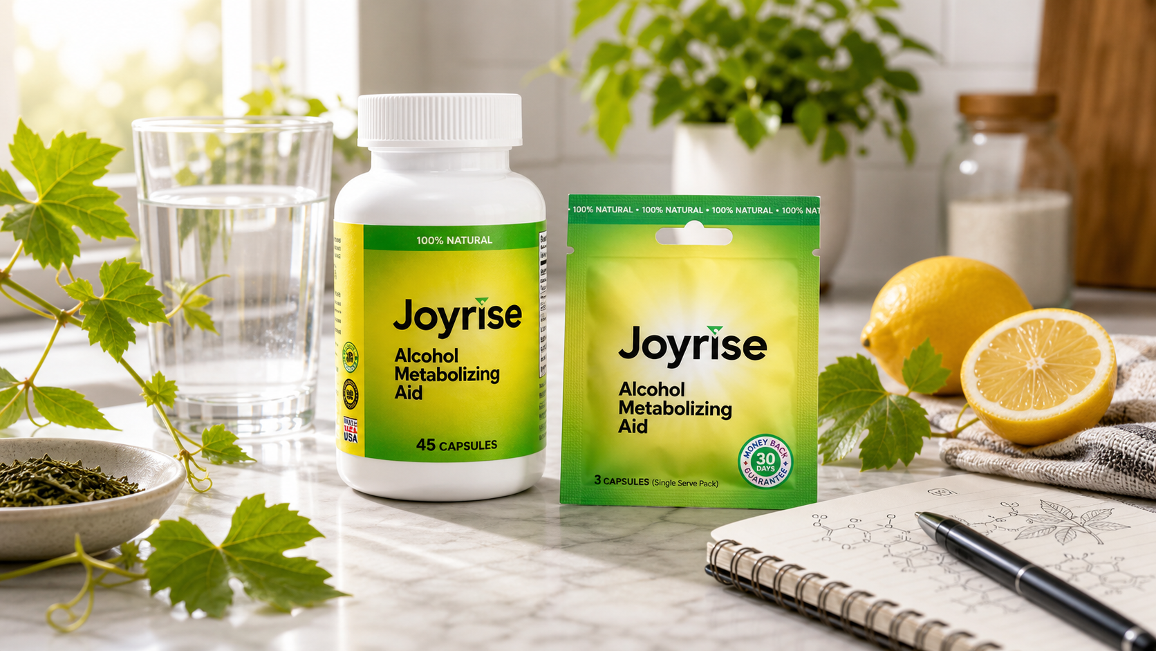 Joyrise bottle and capsule packet with water, citrus, and vine tea leaves