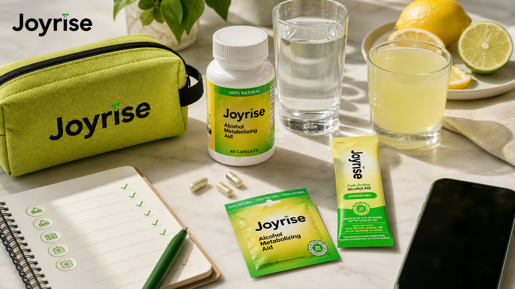 Joyrise formats arranged with water, citrus, and a travel pouch