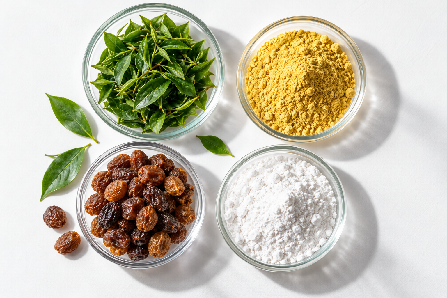 Ingredient concepts: green leaves, golden ingredient powder, dried fruit and white ingredient powder in four glass dishes